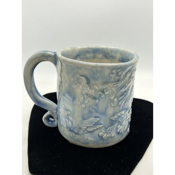 mug pottery hummingbird Butterflies Blue Floral Signed Yaz - Picture 1 of 15